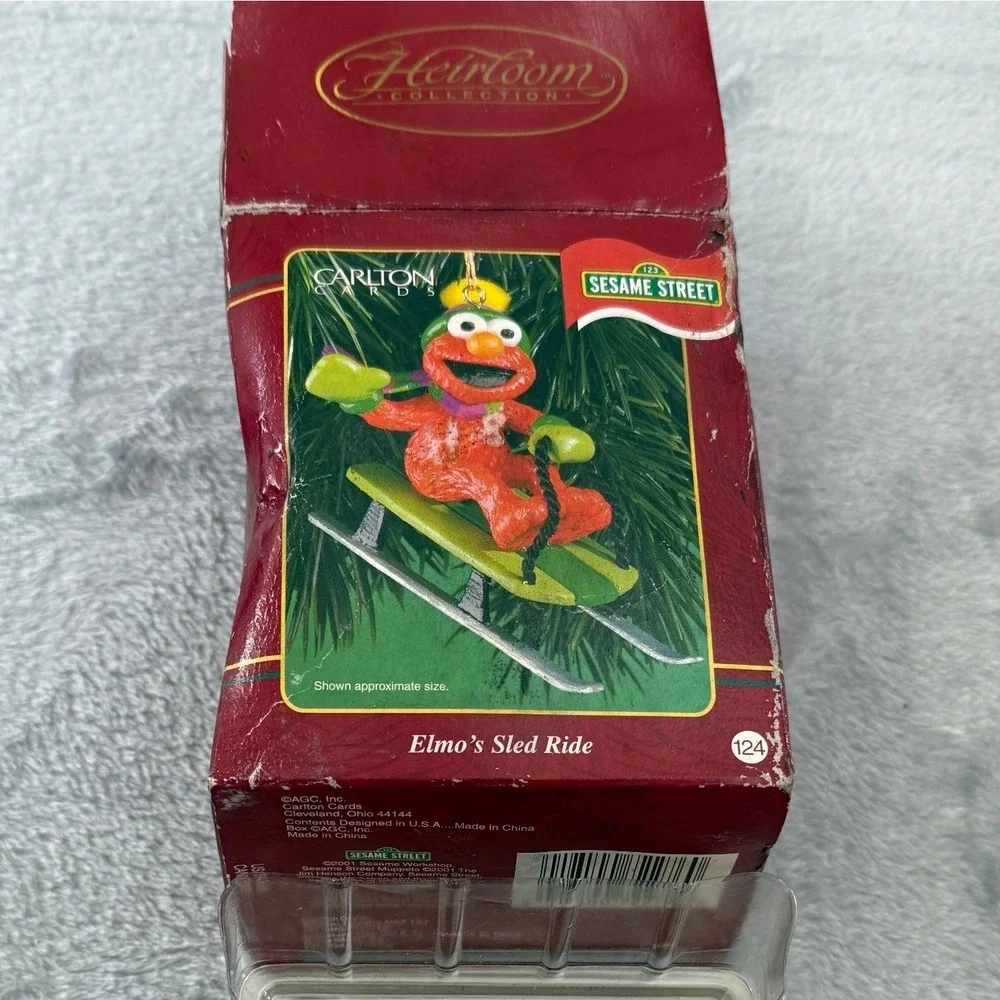 Vintage 2001 Carlton Cards Sesame Street Elmo's Sled Ride Ornament NIB